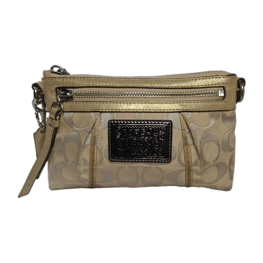 Vintage Y2K Coach Poppy Tan Signature Wristlet Silver Accent Fabric Clutch Purse